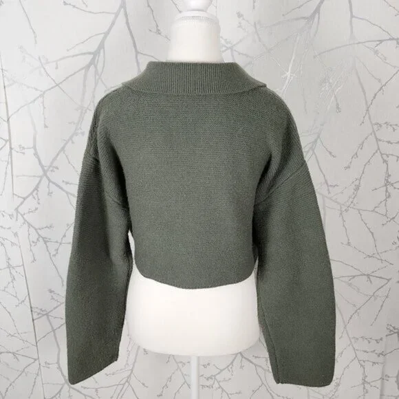 Oak & Fort Green Chunky Knit Collared V-Neck Oversized Cropped Sweater - Picture 4 of 7